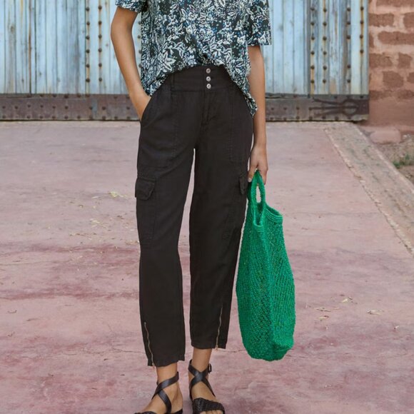 WRAP London Black Linen Cargo Trousers Size 10 Lagenlook Summer Vacation - Picture 1 of 11